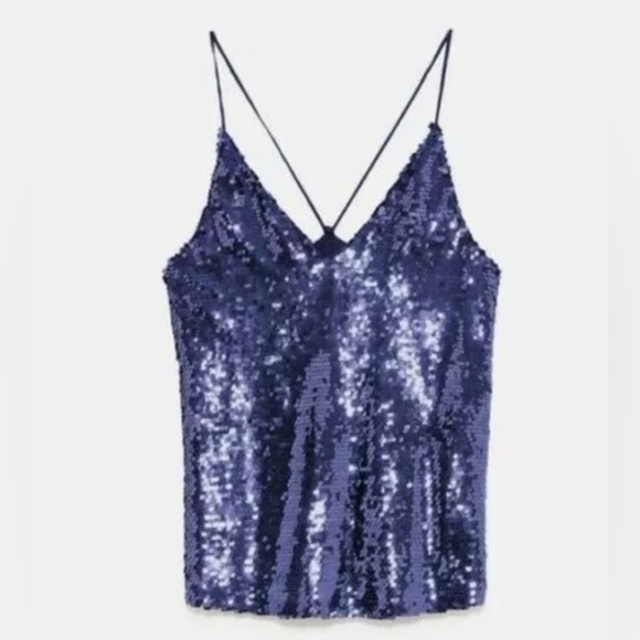 ZARA Women's Top Blue Purple Sequin Party Cami Tank Blogger V Neck Size M NWOT - Picture 3 of 6